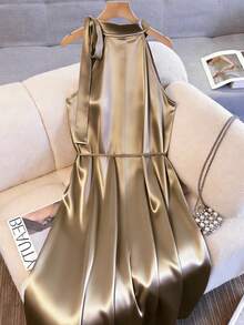 Franclia Women's Elegant Dresses, Halter Neck Dresses, Tie-Up Dresses, Commuter Dresses, Loose-Fitting Dresses, Belted Dresses, Full Skirt Dresses, Sleeveless Dresses, Glossy Dresses, Satin Dresses, Spring/Summer Dresses. - Champagne - View 2
