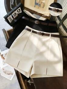 Franclia Quần short nữ thời trang mới, kiểu dáng thường ngày, đa năng, chất liệu mềm mại, có họa tiết, cạp cao, xẻ tà hai bên, màu mơ, quần short nữ mùa xuân/hè, quần short bó sát nữ, quần dài nữ thường ngày mùa xuân/hè. - Màu be - Xem 3