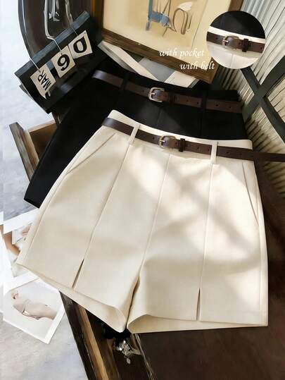 Franclia Pantalones cortos de mujer de nueva moda casual y versátil con textura y tela suave, cintura alta con aberturas laterales, color albaricoque, pantalones cortos de /verano para damas, pantalones cortos calientes de damas, prendas inferiores casuales de /verano para mujeres