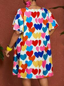 SHEIN CURVE+ Đầm nữ cỡ lớn in hình trái tim nhiều màu sắc, đầm họa tiết hoa, đầm hè thường ngày, đầm dành cho giáo viên, đầm đi biển, đầm dễ thương. - Nhiều màu - Xem 2