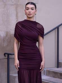 Andrea Bello Elegant Ruched Skirt Bodycon Dress, Suitable For Cocktail Party, Romantic Date, Autumn/Winter Layering, Party, Formal Gathering, Halloween, Christmas - Maroon - View 3
