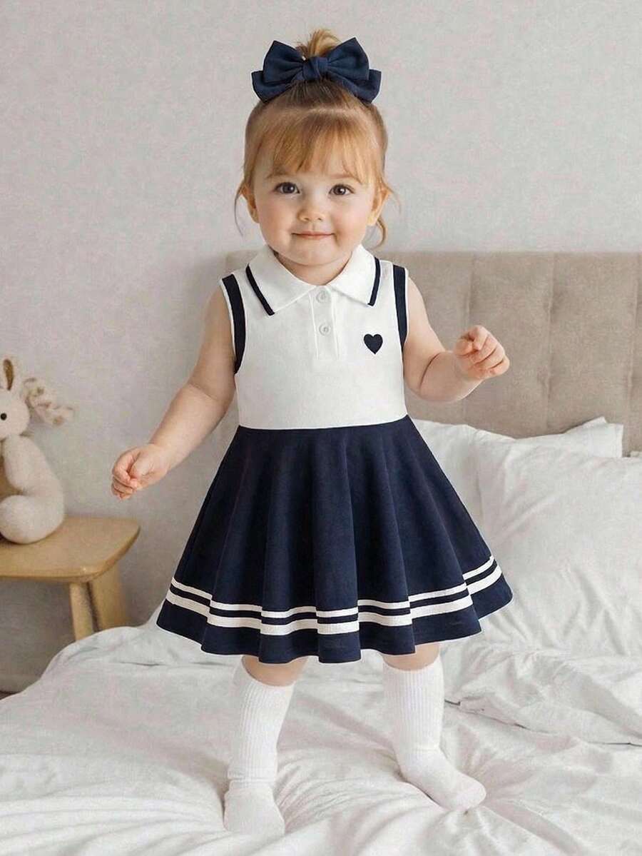 SHEIN Gaun Bayi Perempuan Musim Panas Kasual Tanpa Lengan Gaya Preppy dengan Blok Warna - Biru - View 1