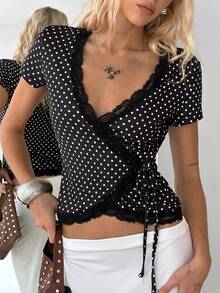 TRNVIE Women's V-Neck Lace Trim Black Polka Dot Tie Waist Short Sleeve T-Shirt, Spring/Summer - Black - View 6