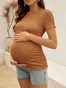 SHEIN Áo bầu tay ngắn ôm sát, viền gân, kiểu bèo nhún - màu nâu - Xem 4