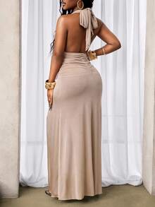 BamGleam 女士性感深V领褶皱开衩设计师连衣裙 - 卡其色 - 查看 2