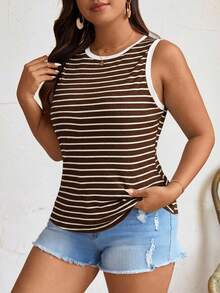 Elaquor Plus Size Women Casual Versatile Round Neck Striped Fitted Tank Top - Coffee Brown - View 3