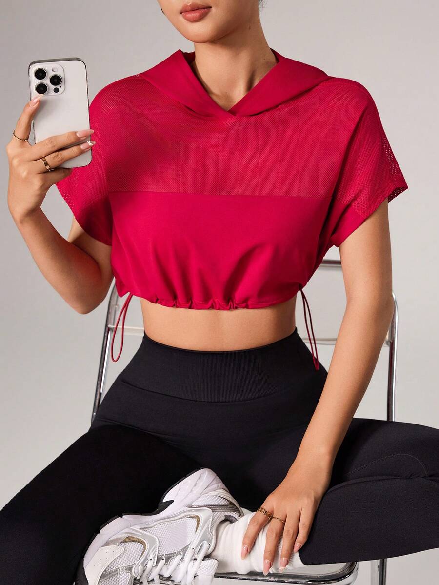 Women's Solid Color Short Sleeve Drawstring Hem Hooded Cropped Sweatshirt - Burgundy - View 1
