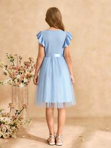 Girls Ruffled Cap Sleeve Ribbed Mesh Round Neck Summer Princess Versatile Dress With Belt - Blue - View 3