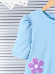 SHEIN 少女碎花圆领短泡泡袖荷叶边下摆休闲连衣裙 - 藍色 - 查看 6
