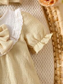 SHEIN Cute Newborn Baby Girl Yellow Dress & Bow Headband Set,Soft Summer Colour Palette,Summer Princess Lace Collar Fluffy Skirt Lettuce Ruffle Trim Outfit - Apricot - View 8