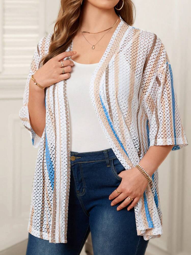 Plus Size Colorblock Striped Print Hollow Out Casual Vacation Jacket Beach Cover Up Top Summer Cardigan Women Summer Outfits Beach Outfit For Women Summer Holiday Outfits Casual Outfit For Women Summer Kimono Knitted Cover Up Curve Kimono Summer Cardigan Plus Size Kimono Cover Up