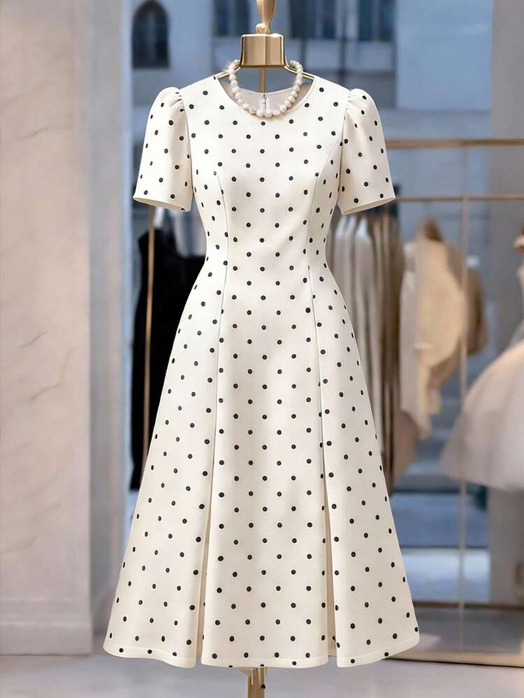 SHEIN Clasi Vestido de lujo de manga abullonada con lunares elegantes y retro para tallas grandes - Blanco y Negro - Añade 7