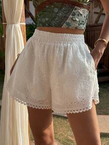 Livesso White Lace Patchwork Casual Beach Shorts For Women, Suitable For Spring & Summer, Vacation & Wedding Boho - White - View 5