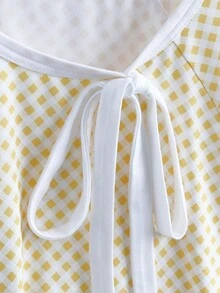 SHEIN Ladiora Women's Yellow Plaid T-Shirt With Bow Collar Design, Regular Fit Casual Commuter Style For Outings, Gatherings, Daily Wear, Spring/Summer - Multicolor - View 3