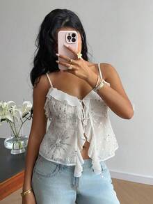 Serisse Women's Sequin Patchwork Ruffle Trim Front Tie Camisole Top - White - View 5