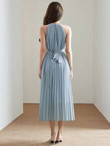 Heiryn Đầm cổ yếm thanh lịch dành cho nữ, màu trơn, thiết kế xếp ly, họa tiết hoa 3D. - Màu xanh ngọc - Xem 7