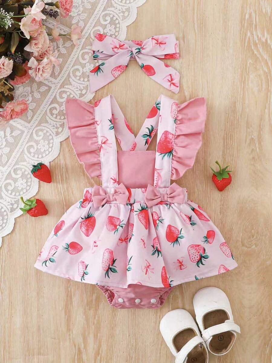 SHEIN Đầm liền thân không tay in hình bánh donut và kẹo ngọt cho bé gái, điểm nhấn là nơ trang trí, viền bèo nhún, thích hợp cho mùa hè. - Hồng - Xem 1