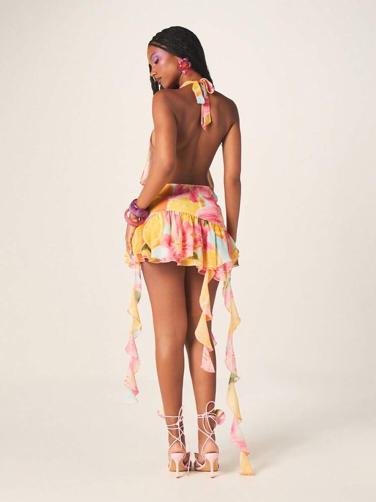 MISSGUIDED Floral Tropical Halter Neck Mini Dress With Ruffle Hem And Flowing Asymmetrical Silhouette For Summer Parties