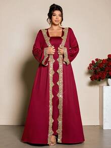 Cravure 大码女装两件套：优雅针织长袖外套（带蕾丝边）和修身连衣裙，酒红色 - 酒紅色 - 查看 8