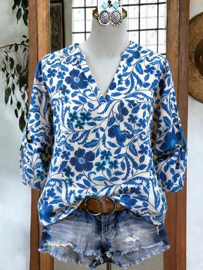 Linhara Damen Vintage Blumen V-Ausschnitt Casual Bluse, geeignet für Wochenendmarkt, Café Nachmittagstee, Strandurlaub, Lehrertag, Muttertag Damenblusen für den Sommer Damenblusen und -tops Bluse für Damen Casual Modern Schöne Tops für Damen