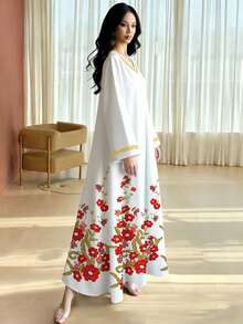 SHEIN Najma 女士印花V领喇叭长袖连衣裙，优雅阿拉伯风格长款连衣裙，复古高贵，春秋季 - 彩色 - 查看 3