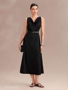 Uhlyne Women's Elegant Spaghetti Strap Waist Belt Midi Dress, Suitable For Dates, Commuting, And Street Style, Summer - Black - View 1