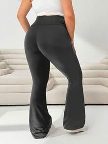 SHEIN Tall CURVE 大码女装秋冬返校休闲家居服瑜伽舒适户外纯黑色针织弹力腰高腰口袋喇叭裤，带口袋打底裤 - 灰色 - 查看 2