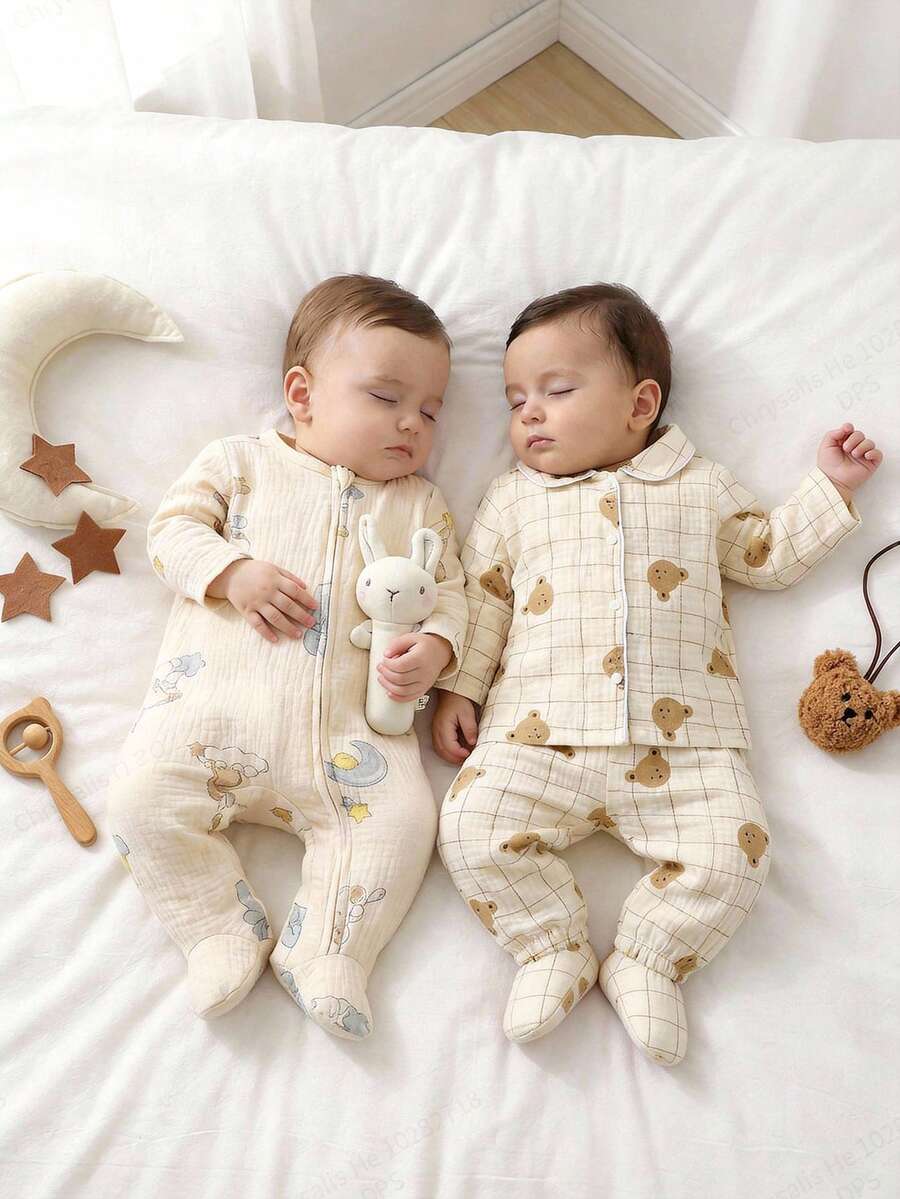 SHEIN Vintaside Kids 新生儿睡衣 - 两件套睡衣套装，小熊印花，米白色格子圆领长袖纽扣前开襟连脚裤，四季皆宜，舒适轻薄，适合旅行、住院等场合，2026年节日必备，柔软可爱，日常穿着舒适 - 彩色 - 查看 1