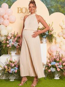 Loomaby 2件組孕婦優雅派對拍照純色百褶掛脖上衣與寬腿褲套裝，適用性別揭曉、寶寶洗禮、婚禮、夏季 - 卡其色 - 查看 5