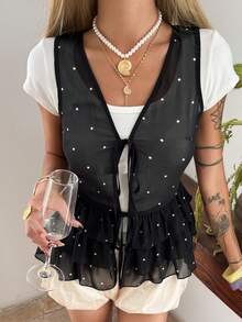 DAZY Áo nữ cổ chữ V không tay chấm bi, viền bèo nhún, thắt nơ phía trước, kiểu dáng thường ngày. - màu đen - Xem 1