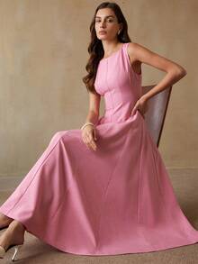 Revavyn 优雅法式简约时尚收腰喇叭下摆无袖长连衣裙，女士款 - 粉色 - 查看 3