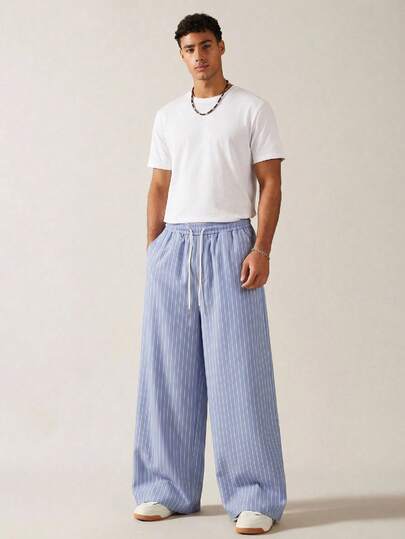 SWAVVY Men's Striped Pattern Elastic Waist Drawstring Pants Men Wide Leg Pants Men Summer Pants Japanese Pants For Men Summer Co Ords Men Sumwon Men Baggy Wide Pants Streetwear