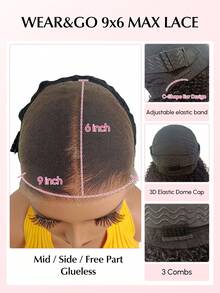 Wear&Go 9X6 深波浪人发无胶假发，超薄蕾丝透明预剪蕾丝假发，蕾丝前额假发，预拔毛自然发际线，即戴即用蕾丝闭合，深波浪假发，自然黑色人发假发，处女发，适合女性日常佩戴，新手友好 - Natural Black - 查看 5
