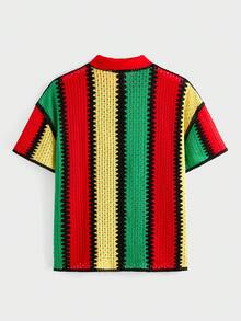 EASEVO Plus Size Men's Colorful Striped Print Front Button Short Sleeve Cardigan - Multicolor - View 8