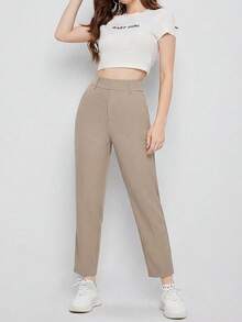 EURMUSE Women's Solid Color Simple Daily Suit Pants  - Beige - View 3