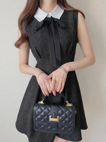 FRIFUL Women's Regular Collar Sleeveless Waist Cinched A-Line Dress