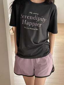 DAZY 两件套女士夏季宽松印花短袖短裤睡衣套装 - 灰色 - 查看 8