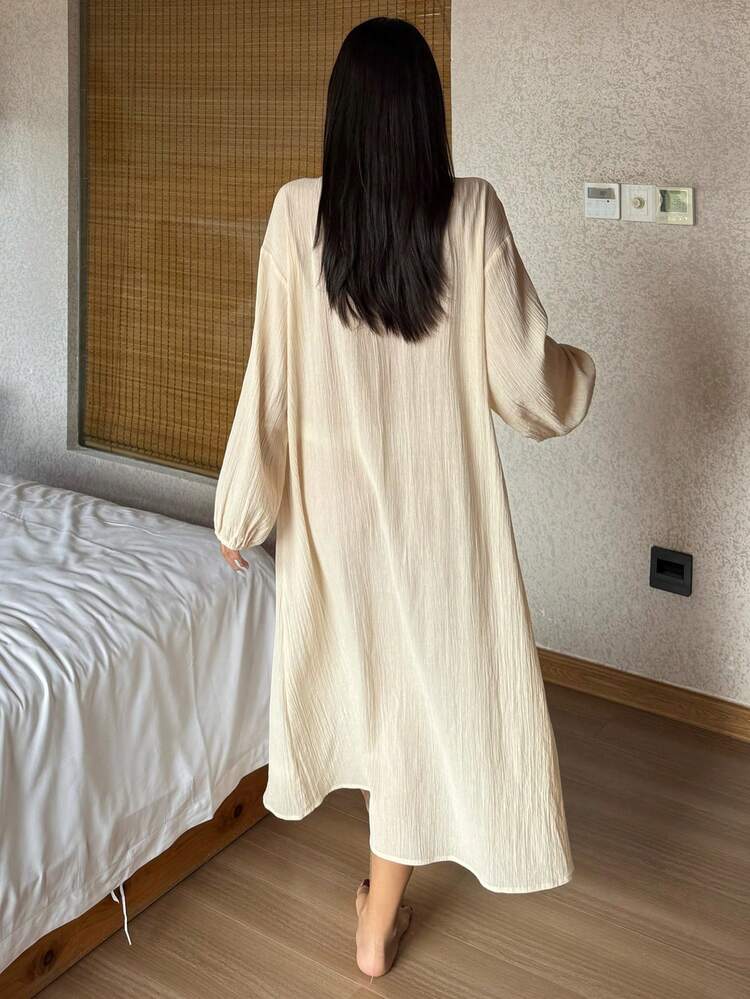 Romantic Lace Patchwork Textured Loose Lantern Sleeve Mid-Length Women Nightgown