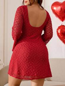 SHEIN EZwear Vestido mini de línea A con cintura ceñida, mangas largas acampanadas, espalda abierta, textura de punto elástico para uso casual, salidas, uso diario, fiestas, citas, cumpleaños, temporada de bodas del Día de San Valentín, primavera y verano 2026, talla grande, color rojo - Rojo - Ver 7