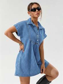 SHEIN PETITE Women's Casual Short Denim Dress ,Petite Women - Light Wash - View 3