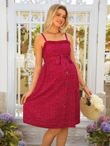 SHEIN Maternity Dress With Ruffled Collar, Polka Dot Print, And Tie Waist, Comfortable - Red - View 3