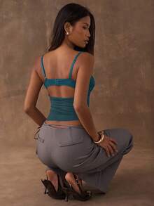 SHEIN BAE Áo hai dây nữ thời trang, gợi cảm, màu trơn, viền ren - Màu xanh ngọc - Xem 2