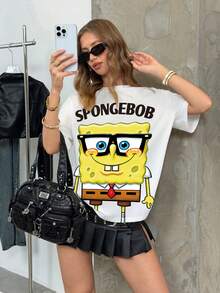 SpongeBob SquarePants | SHEIN 女士圆领卡通字母印花休闲百搭日常短袖T恤 - 白色 - 查看 3