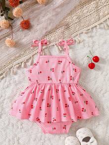 SHEIN Baby Girl Plaid Cherry Print Shoulder Bow Decor Jumpsuit - Pink - View 2