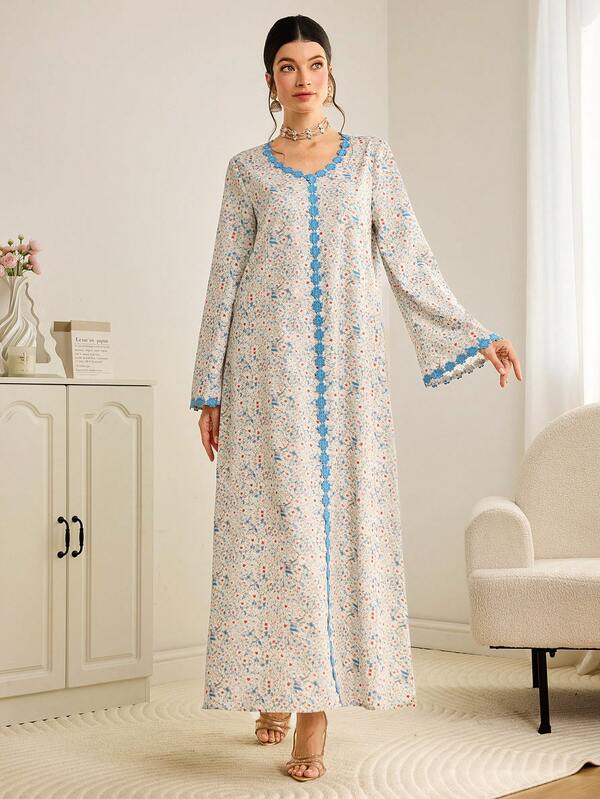 Al Najma Women's Contrast Trim V-Neck Allover Print Elegant Long Sleeve Arabic Dress
