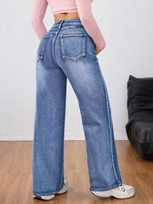 Jeans casuales de cintura alta rectos y sueltos de uso diario y versátil - Azul lavado oscuro 2 - Ver 2