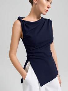 Ontre Women's Elegant Twist Shoulder T-Shirt Top, Side Ruched Slit Waist Cinched Blouse For Urban Commute, Business Casual, Holiday, Party, Summer - Navy Blue - View 1