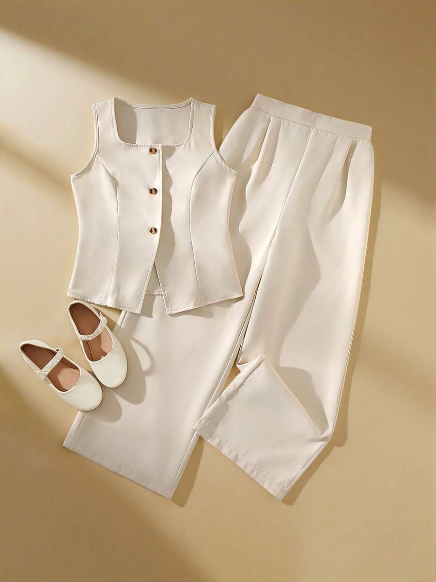 SHEIN Girls' Elegant Suit Set, Fashion Sleeveless Jacket Vest & Pants, Suitable For Daily Wear And Occasions - Khaki - View 1