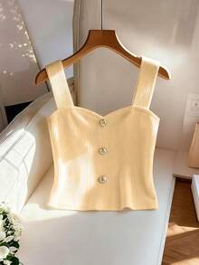 Franclia Áo tank top không tay màu trắng thanh lịch kiểu Pháp, cài nút trang trí, dành cho nữ, thích hợp cho mùa xuân/hè. - Màu be - Xem 6