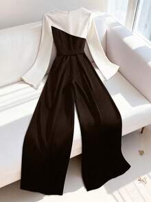GlowEve Women's Elegant And Versatile Long Sleeve Black & White Patchwork Jumpsuit For Commuting - Brown - View 2